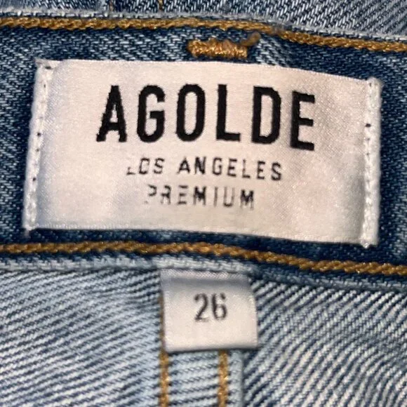 AGOLDE RILEY HIGH RISE STRAIGHT BLUE JEANS CROPPED RAW FRAYED HEM -  EUC - 26 - Picture 7 of 13
